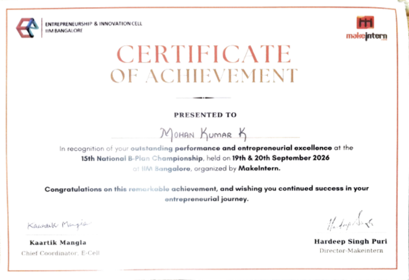 Certificate of Achievement - Mohan Kumar K - 15th National B-Plan Championship IIM Bangalore